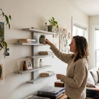 Etagere murale bois grise objets rangés