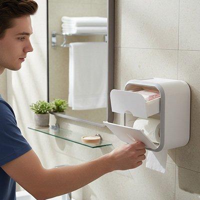 Porte papier toilette mural avec tiroir de rangement